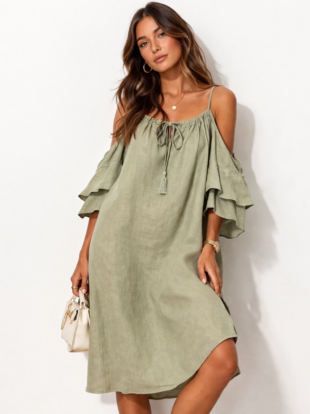 VELIA SIERRA Olive Green Cold-Shoulder Dress, 100% Linen Size M